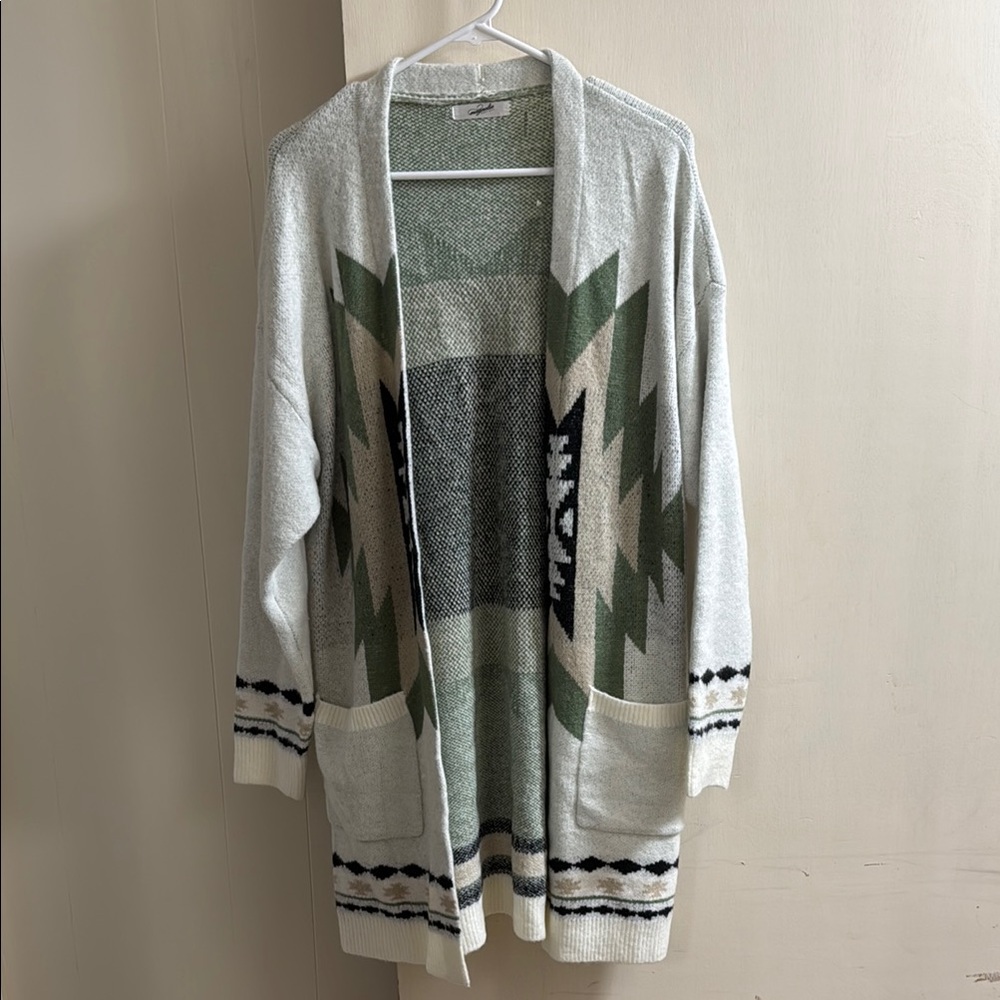 Light Gray Long Cardigan Sweater with Aztec Pattern